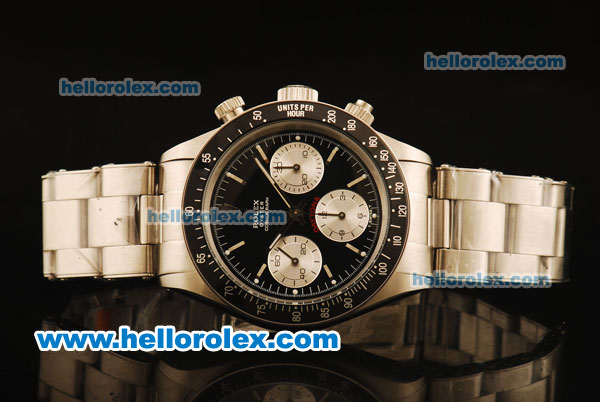 Rolex Daytona Vintage Chronograph Swiss Valjoux 7750 Steel Case/Strap with Black Dial and White Markers - Click Image to Close